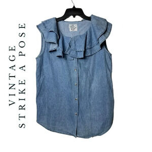 1736. VINTAGE STRIKE A POSE SLEEVELESS RUFFLE COLLAR CHAMBRAY MATERIAL TOP SZ LG